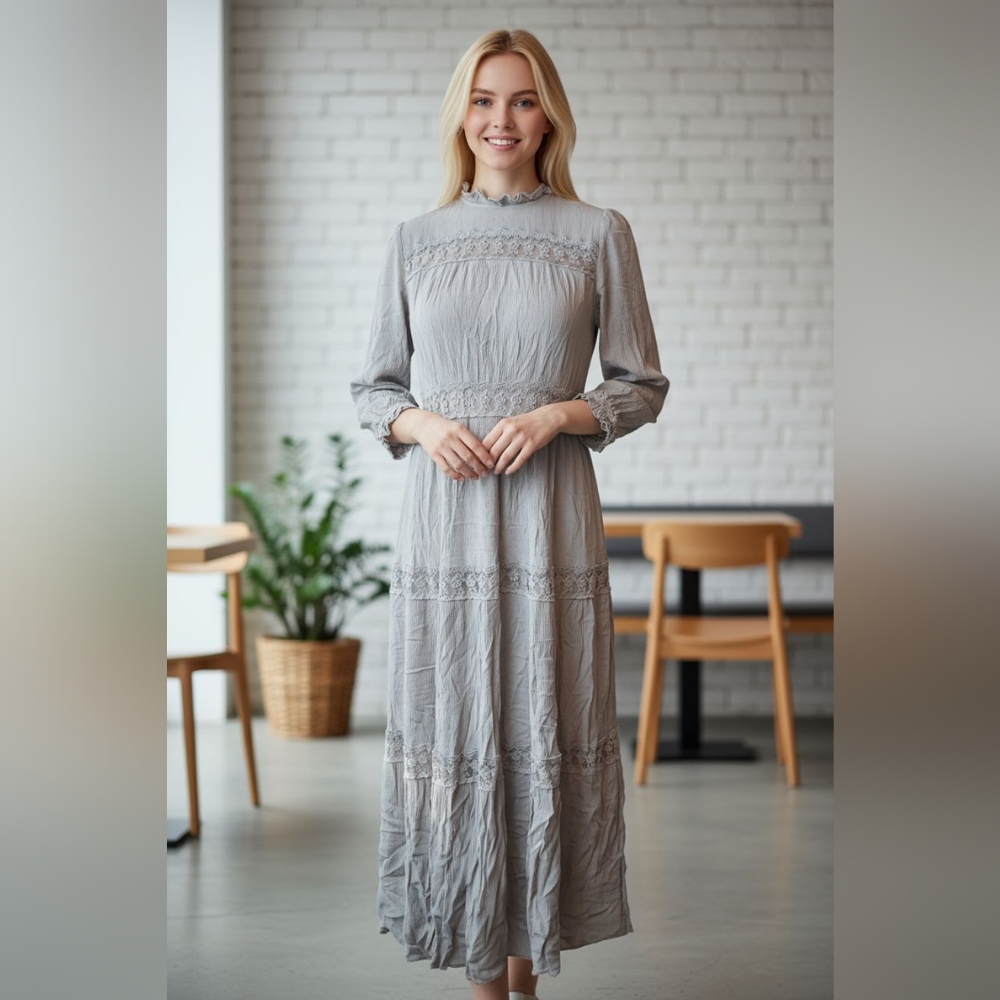 🍂 In Loom Elegant Gray Purple Maxi Lace Dress Size Small Lined